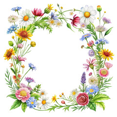 Fototapeta premium A vibrant watercolor wreath composed of diverse wildflowers and blooming blossoms