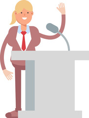 Businesswoman in Suit Character Speaking on Podium