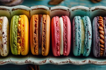 Variety of colorful French macarons in rustic ceramic tray, gourmet dessert assortment