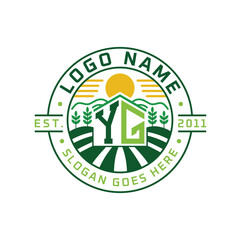 Modern Farmhouse YG Logo Design. Letter YG Agriculture Logo with Sun, Field, and Nature Elements