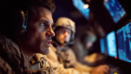 Soldiers collaborate in a command center, focused on screens and communications during a nighttime mission. The atmosphere is tense as they manage their tasks - Powered by Adobe
