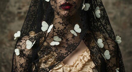 A woman in a lace veil covered with white butterflies, a dead bride