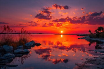 Stunning lake sunset with fiery sky reflected in calm water and dramatic clouds