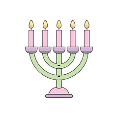 A stylized menorah with five lit pink candles and a green stand isolated on white background