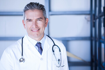 Stethoscope hanging over white lab coat pocket and pen resting on coat in medical corridor