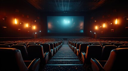 Naklejka premium Empty modern cinema hall with warm lighting and big movie screen