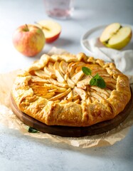 Apple galette on a wooden board