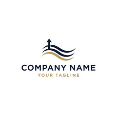 Abstract logo with arrow pointing upwards over wavy lines, for business.