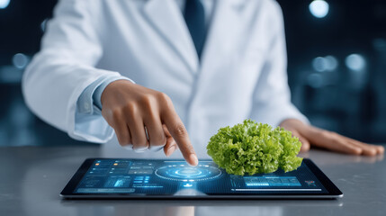 Smart food and technology lab testing lettuce with touchscreen analytics and modern research calm