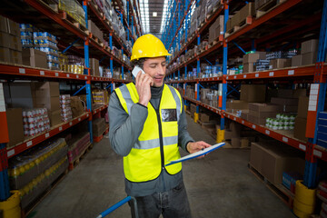 Clipboard and smartphone are resting against shelves holding boxes and pallets in warehouse aisle