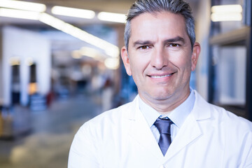 Doctor standing in bright hospital corridor in white lab coat and dark tie, blurred equipment