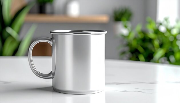 Mockup de taza aluminio sobre fondo moderno, iluminación suave, estilo minimalista, espacio en blanco para diseño personalizado