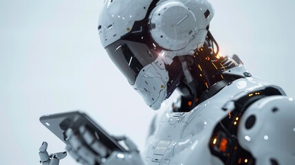 Fototapeta premium Futuristic android looking at digital tablet