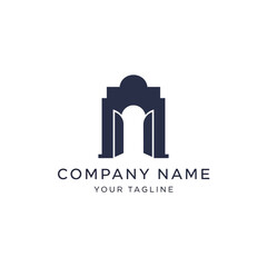 A minimalist dark blue logo featuring an open archway or building entrance, with text placeholders for company name and tagline.