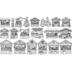 Christmas market winter holiday fair stalls festive season celebration bazaar illustration sketch drawing