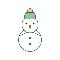 Cute cartoon snowman wearing a green hat with a peach pom pom isolated on white background
