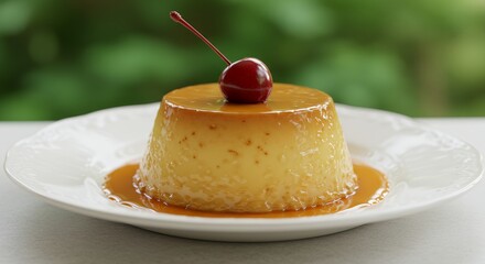 Flan Dessert with Cherry on White Plate