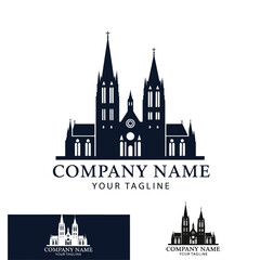 Fototapeta premium Gothic cathedral silhouette logo design template for a company brand, featuring twin spires and placeholder text.