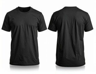 Blank Black T-Shirt Front and Back Views Isolated on White Background for Mockup Template