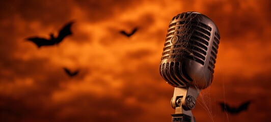 The Microphone Against a Moody Orange Sky with Flying Bats and Creepy Cobwebs