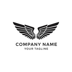 Wings logo design with company name and tagline below, black and white.