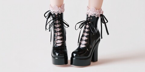 Black Lace-Up Platform Heels with Crisscross Straps