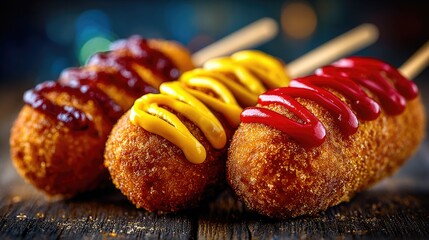 Golden fried corn dogs with sauces served on rustic wooden table