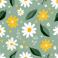 Floral Pattern with Daisies and Leaves on a Serene Green Background Design