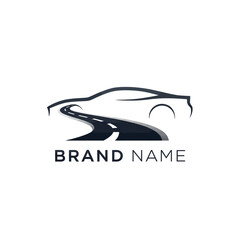 Car logo design featuring a sleek vehicle outline and winding road.