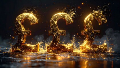 Gold pound symbols emerge from fiery smoke