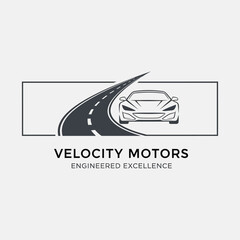 Velocity Motors logo featuring a car on a winding road, representing speed and engineering.
