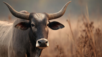 Majestic bull standing in a natural landscape, showcasing impressive horns and intense gaze, surrounded by golden grass and soft blurred background light.