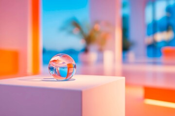 A glossy smooth glass sphere resting on a simple white platform emitting a soft warm orange glow symbolizing light energy and innovation