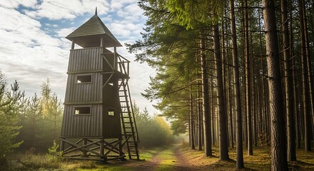 Wooden Lookout Tower in a Pine Forest.