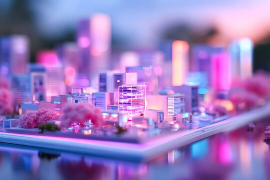 A detailed miniature model of a futuristic cityscape with a beautifully illuminated base showcasing modern architectural and technological design