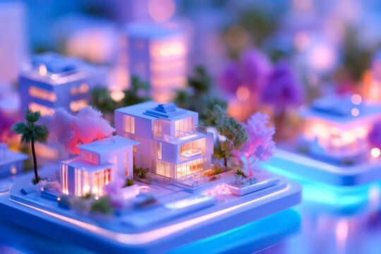 A fascinating detailed miniature model of a futuristic city with glowing lights and a sophisticated illuminated base representing innovation - Powered by Adobe
