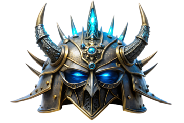 Fantasy Helmet with Glowing Blue Eyes and Horns warrior cutout PNG isolated on a transparent background