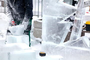 Ice sculpture creation on the city's central square