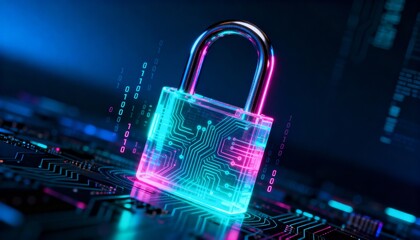 Futuristic holographic cybersecurity padlock with glowing neon aura on dark cyber background, digital data protection concept, secure technology, virtual encryption and network safety illustration