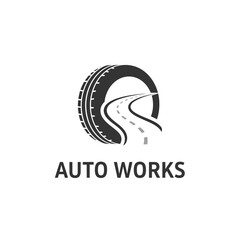 Auto Works logo featuring a tire and a road.
