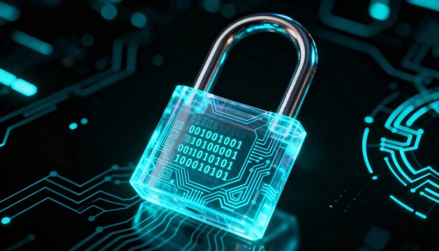 Futuristic holographic cybersecurity padlock with glowing neon aura on dark cyber background, digital data protection concept, secure technology, virtual encryption and network safety illustration