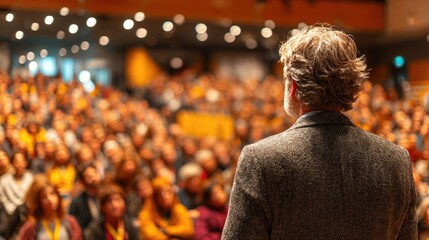 Motivational speaker addressing large audience in conference hall
