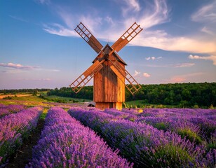 Wooden windmill in a lavender field at sunset
