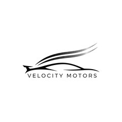 A sleek, modern logo for Velocity Motors featuring a stylized car silhouette with dynamic, wing-like accents.