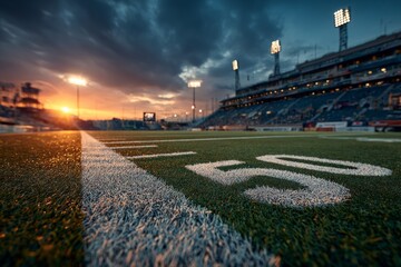 Dramatic Football Stadium at Dusk A Captivating View from the Field with Intense Lighting and an Impressive Stand