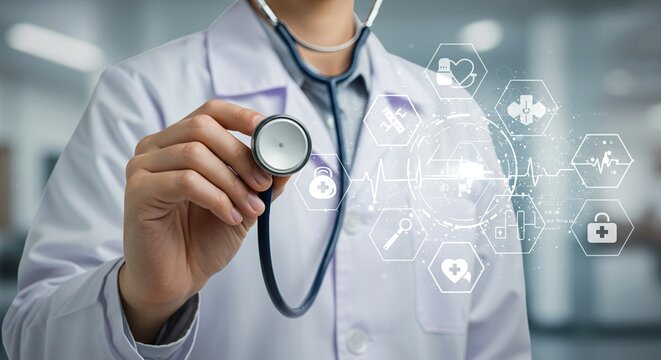 Doctor using stethoscope with medical technology interface.