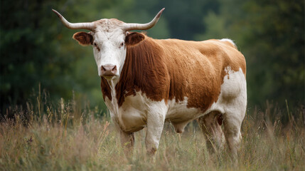 Brown and white cow standing in green field surrounded by tall grass with trees in the background and a soft, diffused light illuminating the scene beautifully.