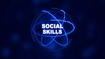 Futuristic social skills hologram concept. Glowing holographic planet earth digital network with collaboration, innovation and corporate leadership. Business, technology and global connection 