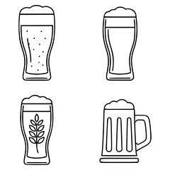 Set of four black-and-white beer glass icons, each with distinct design elements. The top left features bubbles
