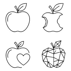 Set of four apple icons in black outline on a white background. Top left shows a whole apple with a leaf